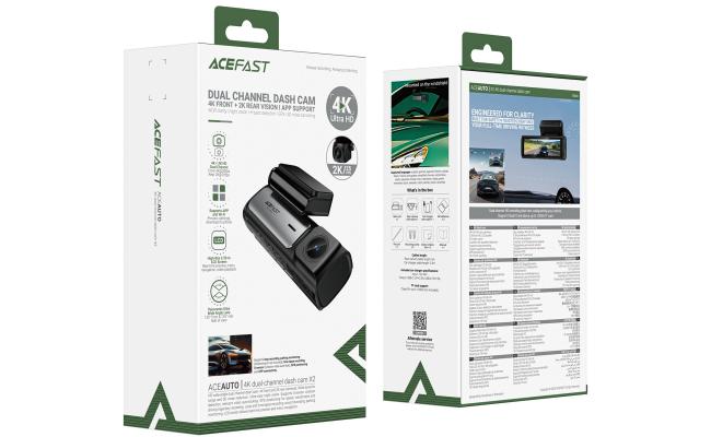 ACEFAST X2 4K Dual-Channel Dash Cam, 4K Front + 2K Rear Vision, App Support | WDR Clarity | Night Vision | Impact Detection | GPS | 3D Noise Cancelling - Black